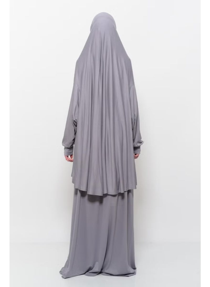 Altobeh Practical Two Piece Cotton Bat Sleeve Organic Hijab Prayer Dress with Headscarf - Gray - Image 5